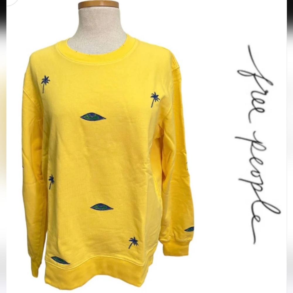 Free People x Sandrine Rose Eye Palm Tree Embroidered Sweatshirt - Sz S NWT